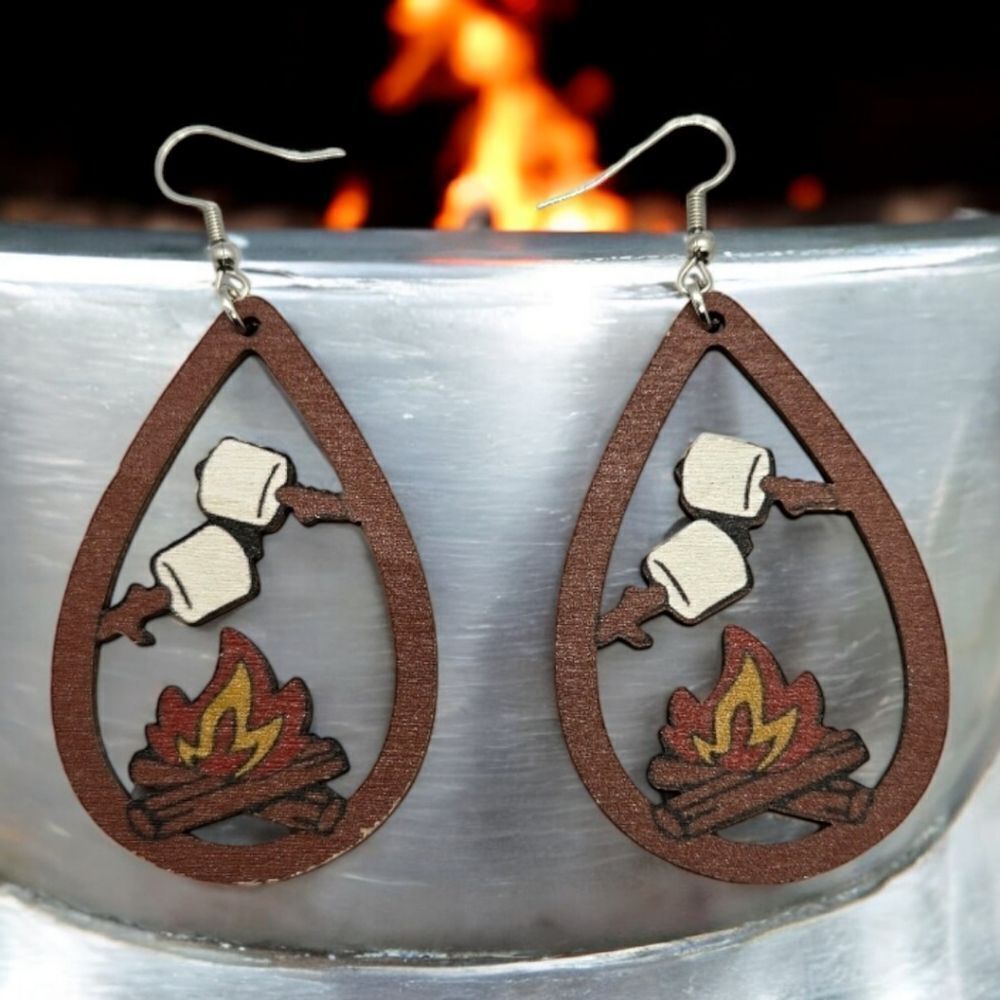 S'Mores Earrings Campfire Marshmallow Wooden Pierced Ears Jewelry Dangle Drop
